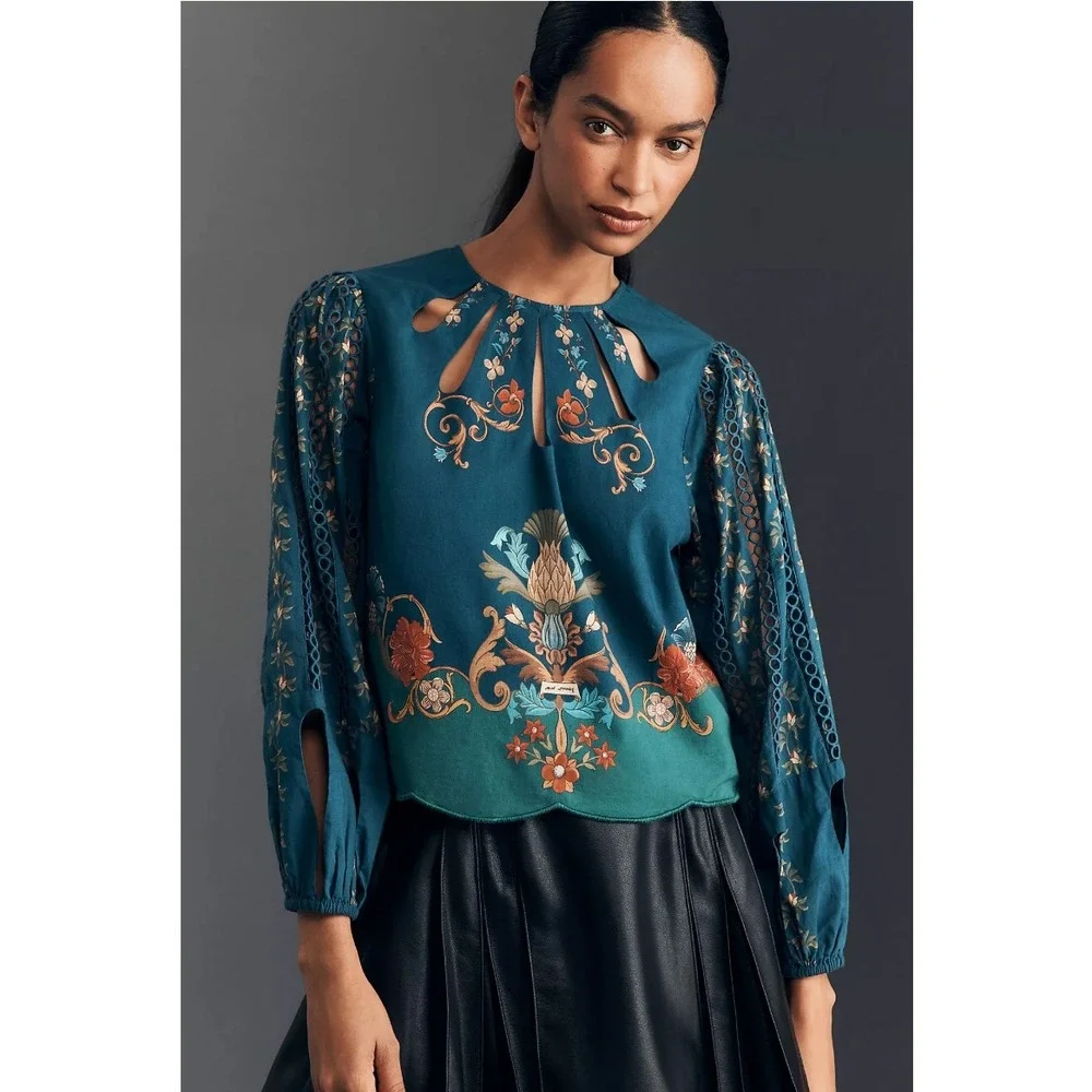 Farm Rio Cutout Blouse M Teal Blue Cutout Boho Peasant Anthropologie Romantic